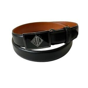 Ralph Lauren Art Deco Monogram Logo Buckle Black Leather Belt